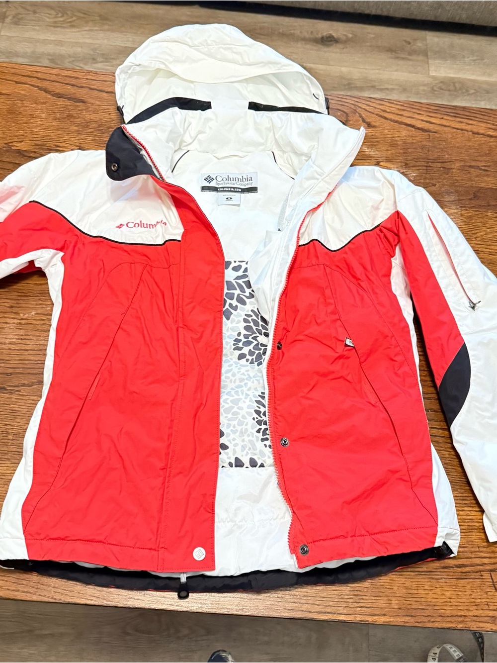 Columbia Red and White Hooded ski Jacket